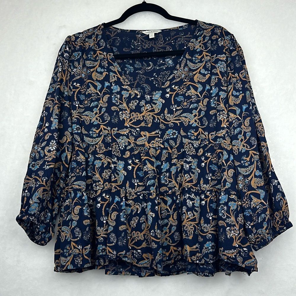 Lucky Brand Tops Relaxed V Neck Blouse Women’s Large Puff Sleeve Ruffled Boho